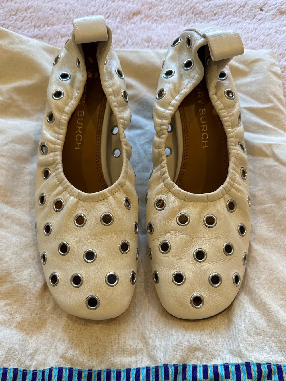 Tory Burch Ivory Leather Grommet Ballet Flats